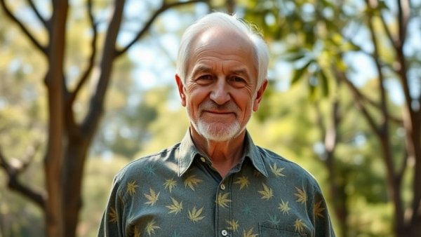A man in a cannabis-themed shirt enjoys a sunny day outdoors.