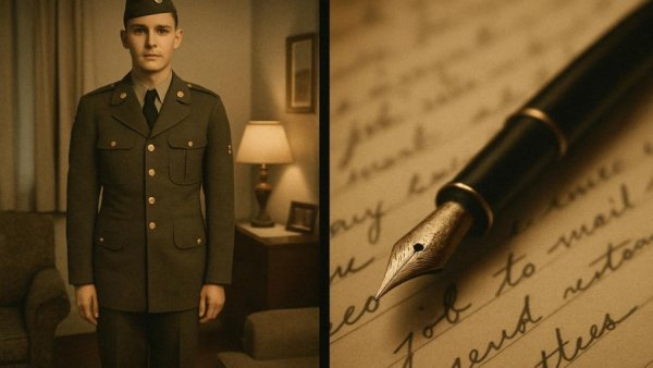 Vintage soldier photo next to pen on notes, veteran suicide exposure.