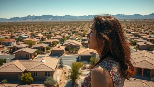 Suburban neighborhood in Buckeye Arizona with contemplative woman.
