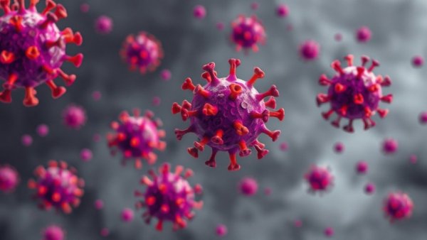 Artistic depiction of virus particles, digital illustration.