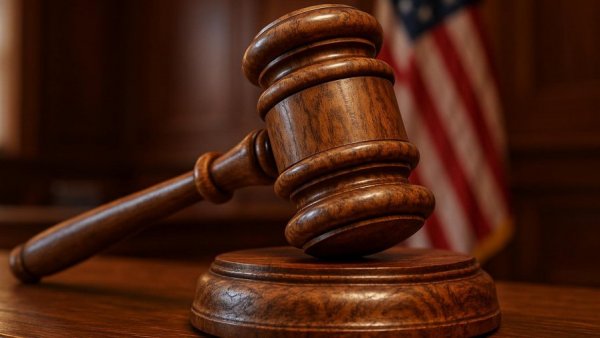 Wooden gavel in a courtroom with American flag background, Veterans Treatment Courts.