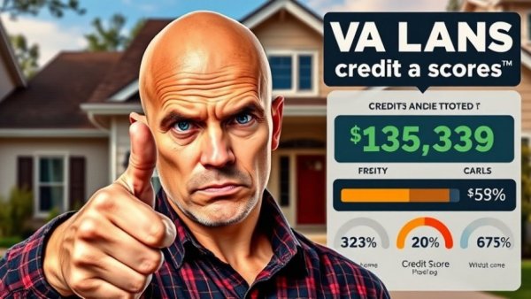 Bald man with thumbs down on VA loans credit score graphic.