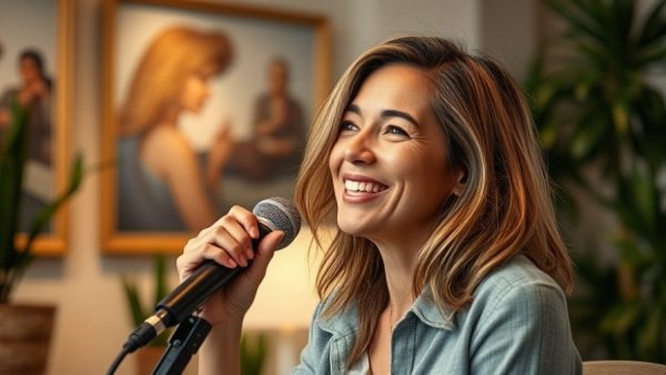 Candid woman speaking in a bright room with plants and art in the background.