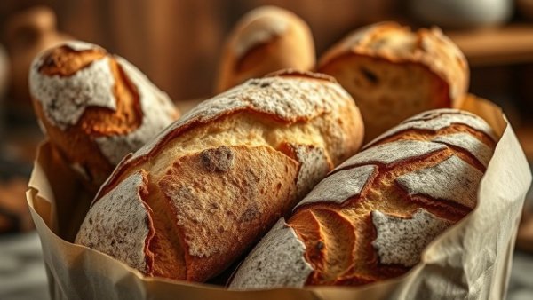 Rustic artisan breads close-up in a paper bag, showcasing textures.