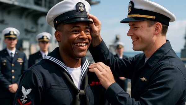 Navy enlisted promotions ceremony with smiling members.