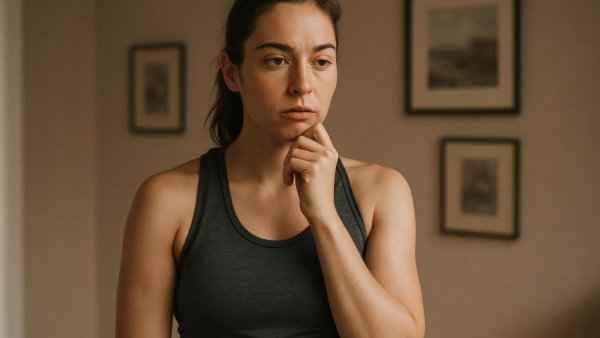Woman in sports attire indoors, calm expression.