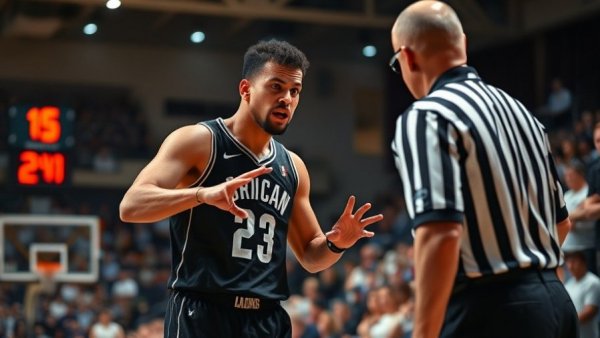 Basketball player argues with referee, showcasing foul baiters in action.