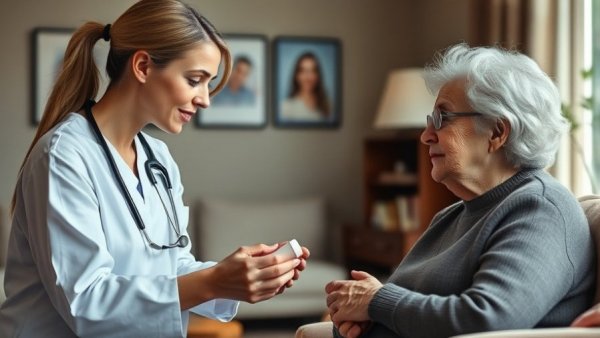 Nurse reviewing medications for safety and appropriateness with elderly woman.