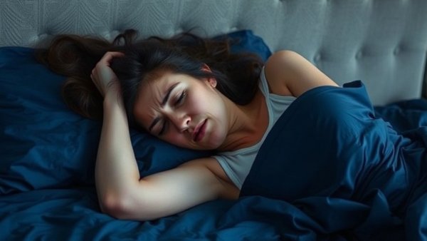 Woman in discomfort lying on bed for endometriosis pain management.