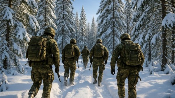 Soldiers trekking through snowy forest in Alaska.