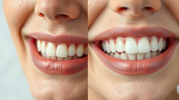 Comparison of teeth before and after biocompatible tooth whitening.