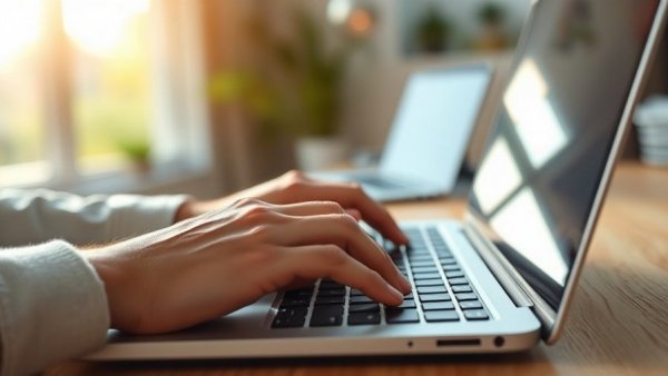 Engaged hands typing during NEET MDS 2026 demo test, warm sunlight through window.
