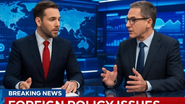 News broadcast discussing veteran policies and foreign policy with global data screens.