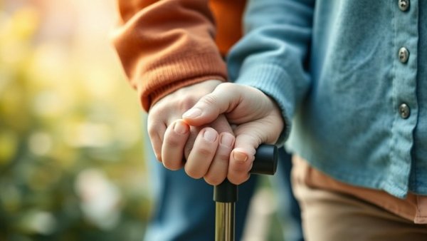 Caregiver gently supporting an elderly person's hand with a walking stick, illustrating Hiring In-Home Caregivers for Aging in Place.