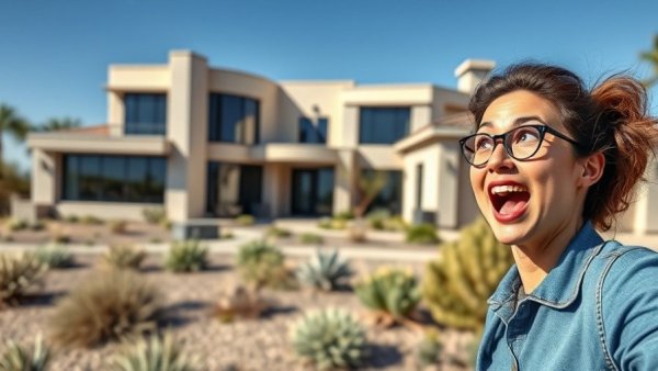 Modern luxury home and excited woman in Phoenix AZ desert setting.