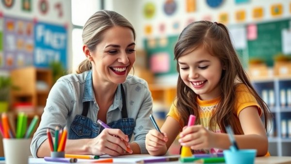 Female teacher with student discussing autism plans in classroom.