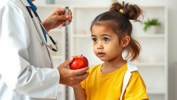 Child's adiposity rebound check by doctor in bright room.