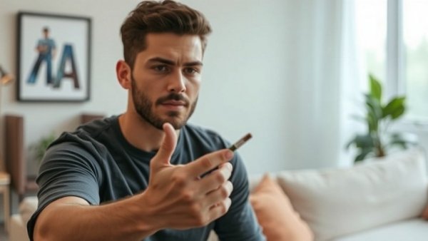 Young man refusing cannabis joint in bright room, Cannabis Legalization Enthusiasts.