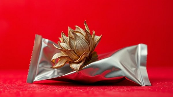 Withered flower in metal pouch, concept of sustainability in beauty refills.