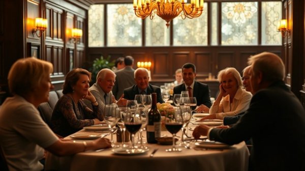Plated & Staged fundraising dinner with elegantly dressed guests smiling around a table.