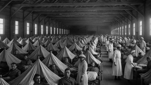 Spanish Flu military hospital ward filled with soldiers, historical image.