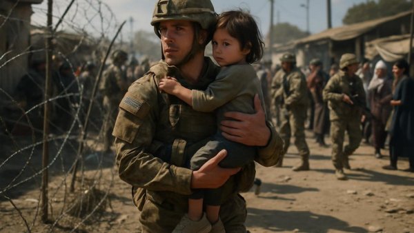Brave soldier during evacuation, showing compassion and strength.