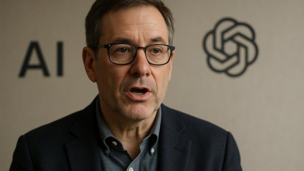Man discussing VA medical records with logo in background.