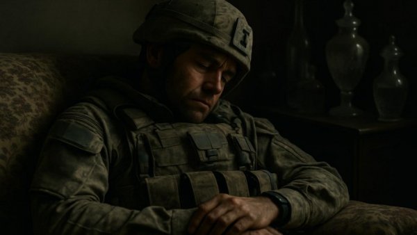 Weary soldier resting in combat gear highlighting the cost of war.