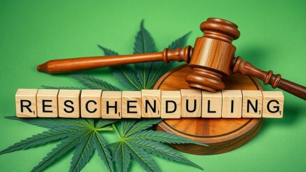 Federal cannabis rescheduling concept with gavel and leaves.