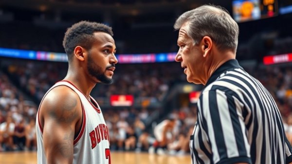 Devin Booker listening to referee during a basketball game.