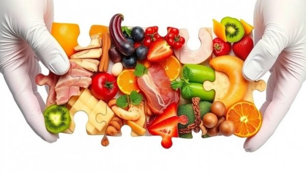 Puzzle pieces of food held by gloved hands, hidden hunger in dentistry concept.