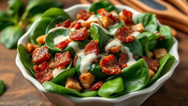 Fresh spinach salad with bacon in a decorative bowl