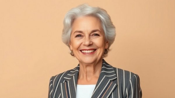 Elegant woman smiling, wearing a striped blazer against a beige background.