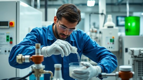 Technician using device technology in sterile lab environment.