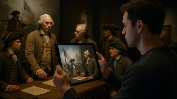 Augmented reality Revolutionary War exhibit in a museum setting.