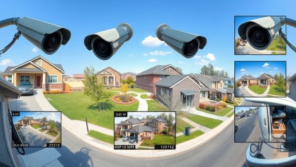 Security camera footage displaying a residential area with multiple views.