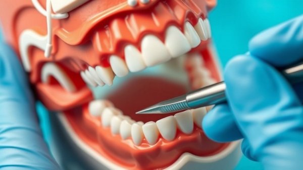 Dental anatomy model highlights root formation, examined with instrument.