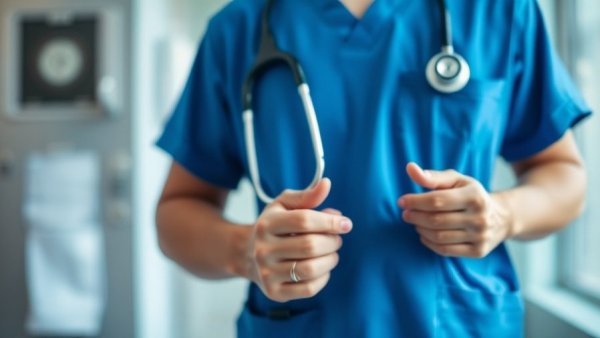 Medical professional in blue scrubs holding stethoscope, bright clinical setting.