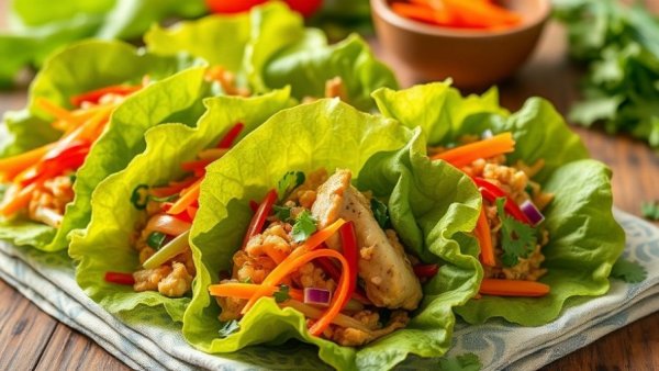 Fresh and colorful Asian chicken lettuce wraps on a wooden table.