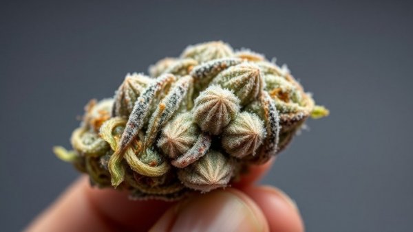Close-up of cannabis bud with frosty trichomes in studio lighting.