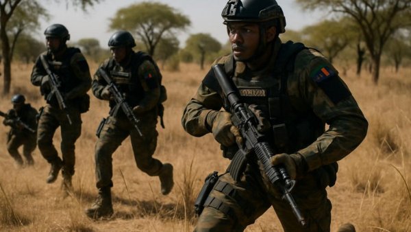Cameroonian soldiers patrolling savanna under cloudy sky.