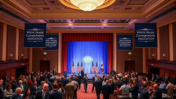 White House Correspondents' Dinner event stage with banners and attendees.