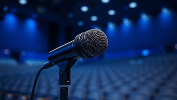 Microphone ready for conference news in blue auditorium.