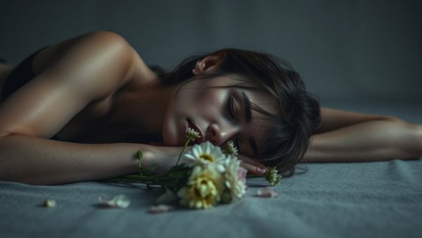 Somber portrayal of despair with flowers and prone person.