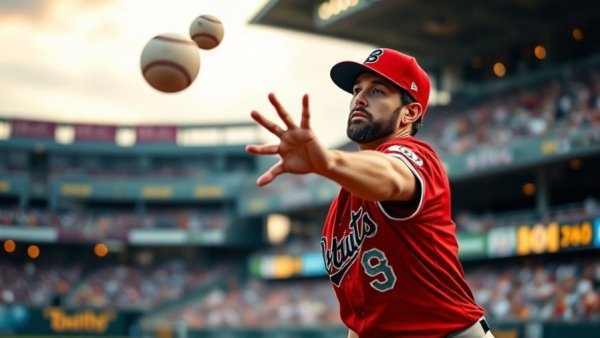 Focused baseball player in red jersey reaching for the ball, intense action.