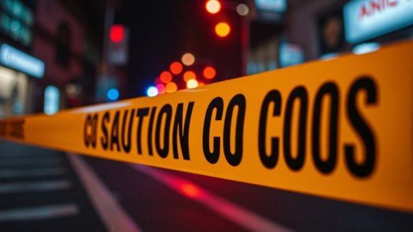 Police tape illuminated by emergency lights during nighttime.