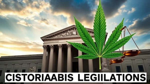 Cannabis industry news graphic with DOJ building and scales of justice.