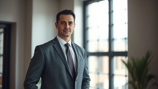 Confident professional in formal attire by window, related to Jersey Cannabis Supply Chain.