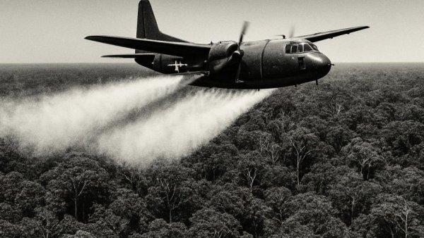 Military aircraft spraying Agent Orange over forest, VA benefits for Agent Orange birth defects.