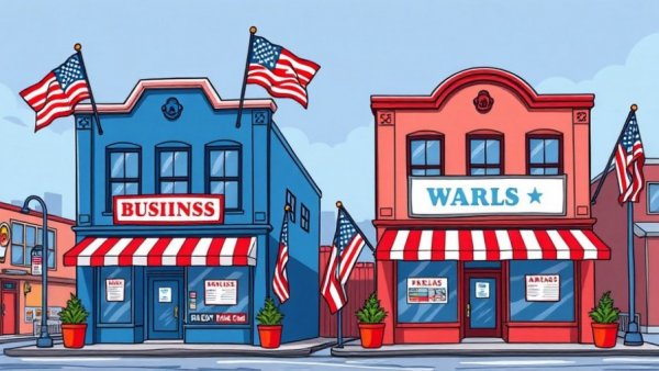 Illustration of Arizona small business buildings with flags.
